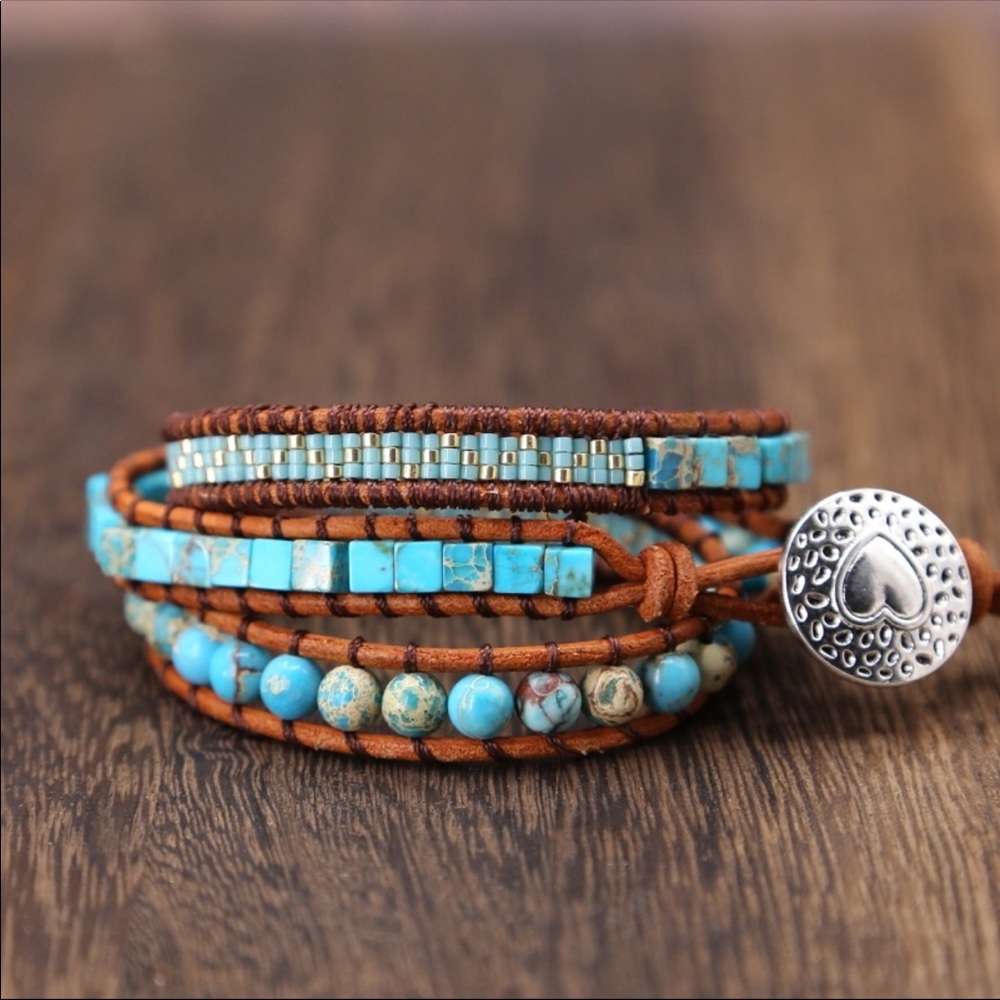 New! Handmade Leather Turquoise Wrap Bracelet - Picture 3 of 3